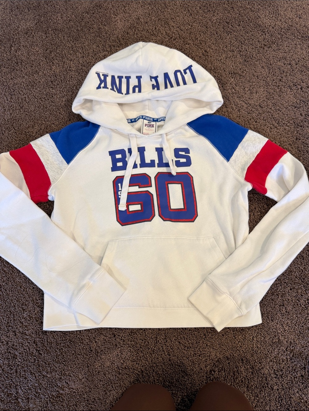 PINK Victoria's Secret Buffalo Bills White Hoodie with Blue & Red Accents